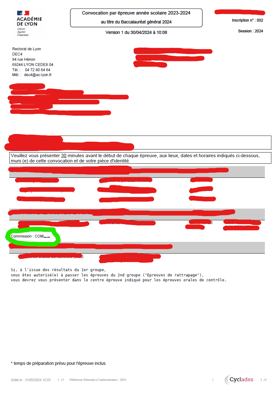 Exemple anonymisé d’une convocation Cyclades avec la ligne Commission mise en évidence